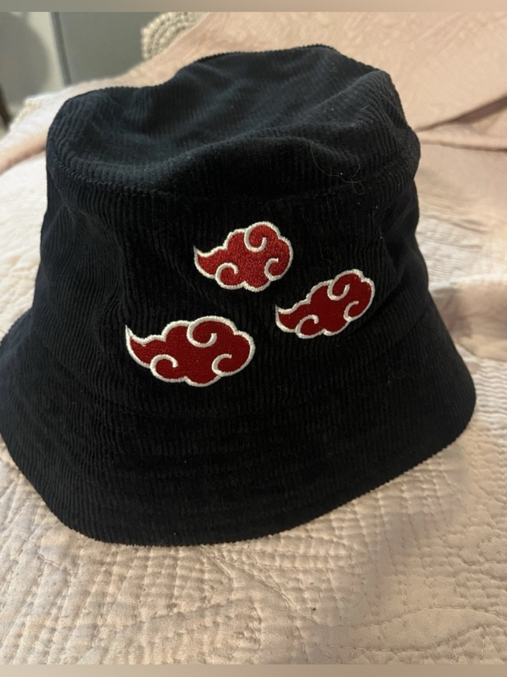 Naruto Black Corduroy Bucket Hat with Red Cloud Patches